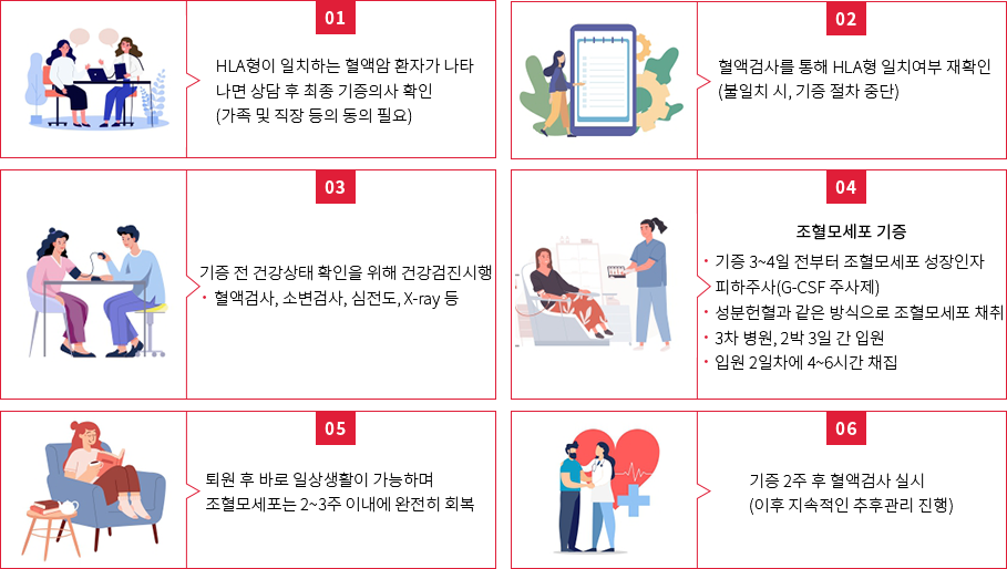 
			1.HLA형이 일치하는 혈액암 환자가 나타나면 상담 후 최종 기증의사 확인 (가족 및 직장 등의 동의 필요) 
			2.혈액검사를 통해 HLA형 일치여부 재확인(불일치 시, 기증 절차 중단) 
			3.기증 전 건강상태 확인을 위해 건강검진시행 · 혈액검사, 소변검사, 심전도, X-ray 등
			4.조혈모세포 기증 · 기증 3~4일 전부터 조혈모세포 성장인자 피하주사(G-CSF 주사제) · 성분헌혈과 같은 방식으로 조혈모세포 채취 · 3차 병원, 2박 3일 간 입원 · 입원 2일차에 4~6시간 채집
			5.퇴원 후 바로 일상생활이 가능하며 조혈모세포는 2~3주 이내에 완전히 회복   
			6.기증 2주 후 혈액검사 실시 (이후 지속적인 추후관리 진행)
			